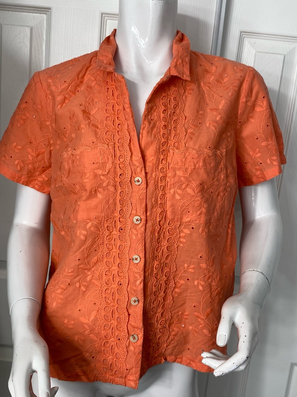 Maeve Coral Eyelet Lace-Trim Button Down Shirt